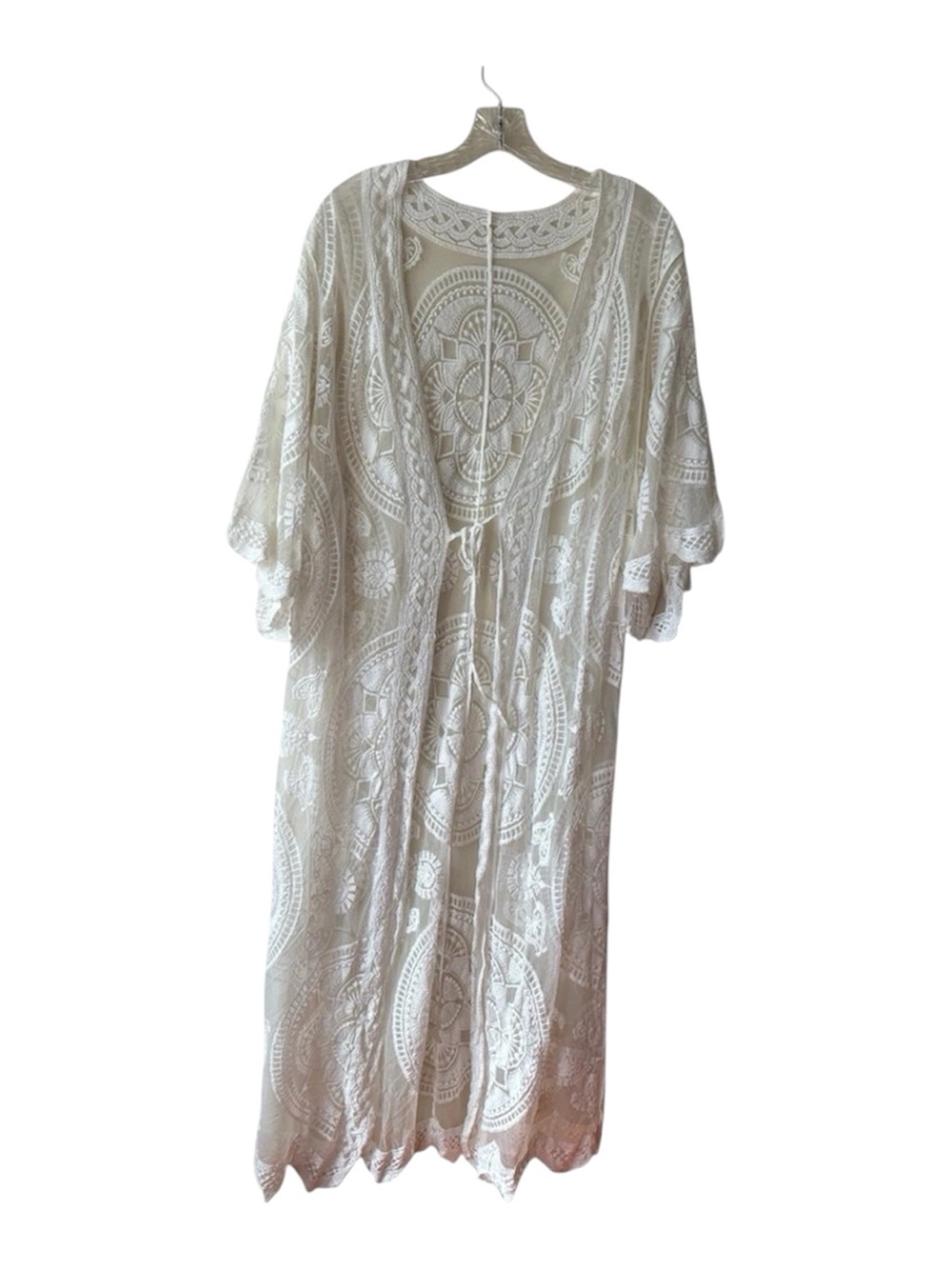 Ivory Lace Kimono Duster Long Bohemian Embroidered Sheer Beach Cover Up L-XL